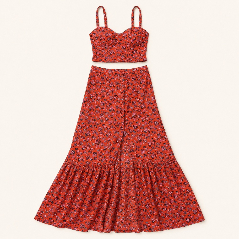 Band of Gypsies Skirt & Top Set Size M Red Floral Midi Crop Top Boho Cottage